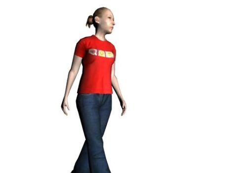 Casual Red Shirt Woman Walking Characters