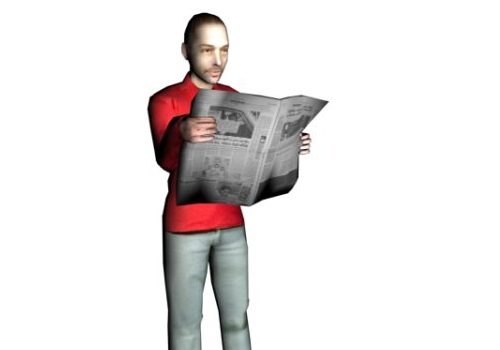 Red Shirt Man Standing Reading Newspaper Characters