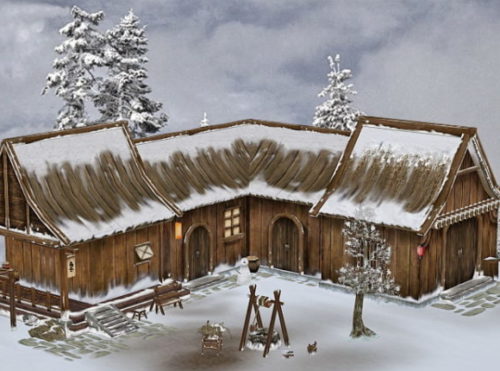 Wooden Medieval Winter Farmhouse