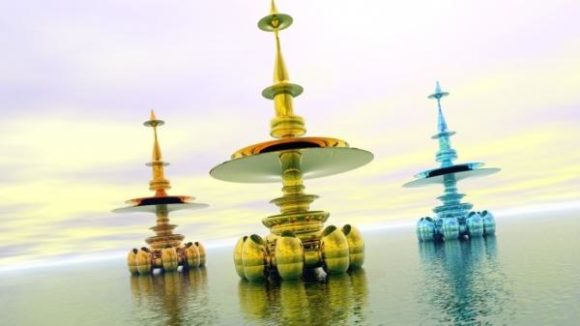 Golden Alien Tower On Sea