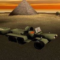 Tractor On Desert With Pyramid